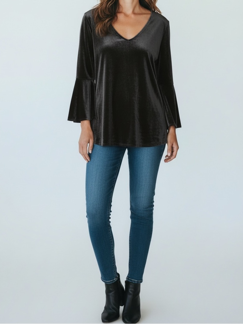 NWT! Black Velvet V-Neck Bell Sleeve Blouse Sz M